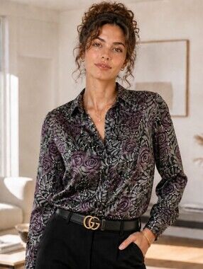 East 5th Purple and Gray Floral Button-Front Top